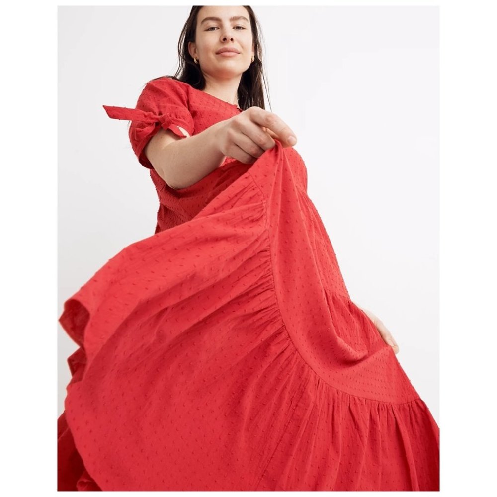 Madewell Tie Sleeve Tiered Midi Dress Swiss Dot Red Size XXL